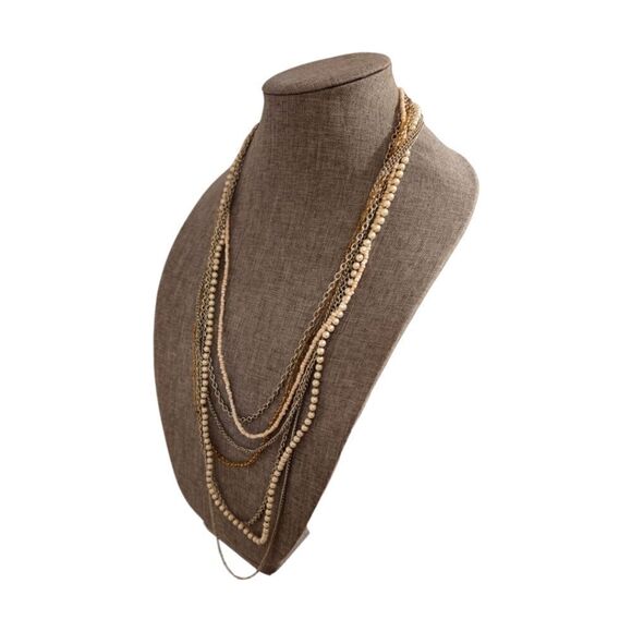 Long Seven Strand Silver-tone, Faux Pearl, and Bead Chain Necklace - Picture 3 of 12